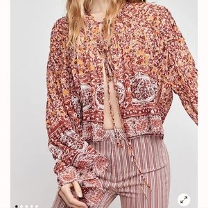 Free People Lorraine Tie Front Jacket in Mustard Combo Small NWT